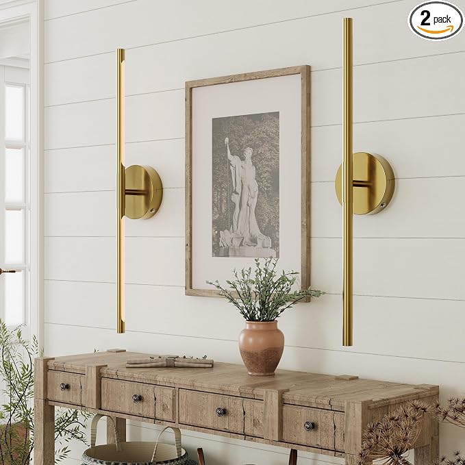 8000mAh Battery Operated Wall Sconce Set of 2 - 24 Inch, Rechargeable, Dimmable, 3000K-6000K, Remote, Touch Control, Timer, 350° Rotate, LED Wall Lamps for Living Room, Bedroom, Gold