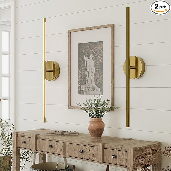 32 Inch Battery Operated Wall Sconce Set of 2, 8000mAh Wireless Rechargeable Wall Lights with Remote, 350° Rotate Dimmable 3000K-6000K LED Wall Lamps with Timer for Living Room, Bedroom, Gold