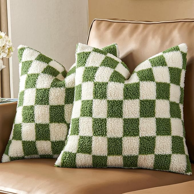 AmHoo Pack of 2 Decorative Throw Pillow Covers Checkerboard Luxury Super Soft Faux Fur Wool Set Case Cushion for Couch Sofa Bedroom 24 x 24-Inch Sage Green