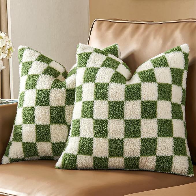 AmHoo Pack of 2 Decorative Throw Pillow Covers Checkerboard Luxury Super Soft Faux Fur Wool Set Case Cushion for Couch Sofa Bedroom 22 x 22-Inch Sage Green