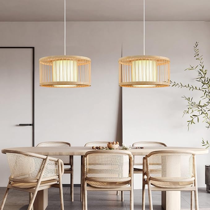 Boho Rattan Pendant Lights, 15.8" Coastal Drum Wicker Hanging Light Japanese Country Light for Dining Room Kitchen Living Room Bedroom, 1-Light E26 Base