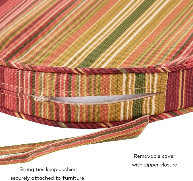 Set of 2 Outdoor 18 inch Round Patio Dining Chair Pads – Comfortable Fiber-Filled Seat Cushions with Ties, Reversible Polyester Fabric, Kinnabari Stripe