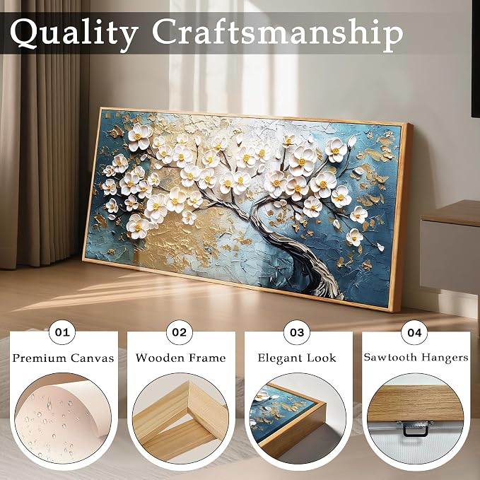 imjiayu Tree of Life Wall Art, Extra Large Wall Art, Abstract Art Wall Decor, Plum Bossom Tree Framed Painting Prints, Modern Blue and Gold Big Pictures for Living Room Bedroom Office Hotel 29"x57"