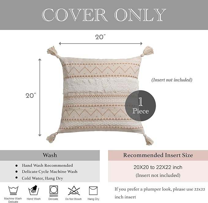 BlissBlush 20X20 Throw Pillow Cover, Cream Neutral Beige Square Decorative Cushion Cover, Boho Accent Pillowcase with Tufted Details and Tassels for Couch Sofa Living Room (Cover Only)