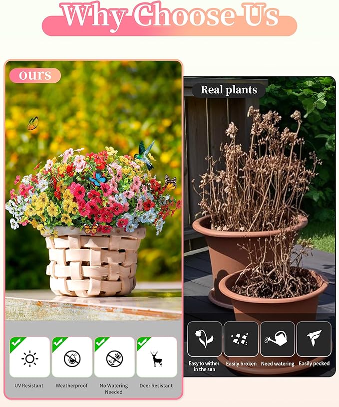 Artificial Flowers for Outdoor Decor, 16 Pack UV-Resistant Fake Colorful Silk Daisy Flowers, Perfect for Spring & Summer Decorating – Front Porch, Patio, Window Boxes, and Potted Plants