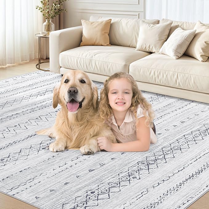cotiled 10x14 Area Rug Living Room: Washable Boho Rugs with Non Slip Backing Large Soft Indoor Stain Resistant Carpet for Bedroom Farmhouse Dining Room Lightweight Home Decor Grey