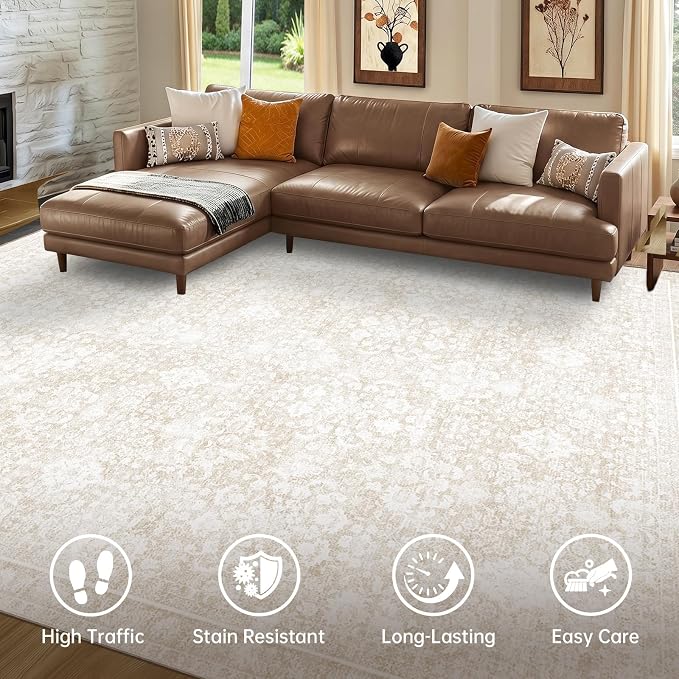 Sasttie 4x6 Area Rug, Ultra-Soft Washable Rug, Low Pile Foldable Thin Carpets with Non-Slip Backing, Skin-Friendly Stain Resistant Carpet for Living Room, Bedroom, Kitchen, Dorm, 4x6, Cream