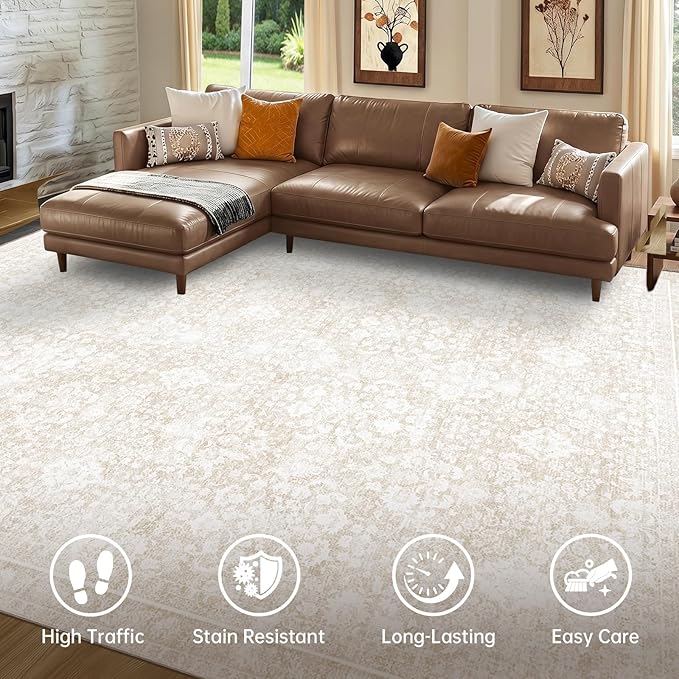 Sasttie 5x7 Area Rugs, Ultra-Soft Washable Rug, Low Pile Foldable Thin Carpets with Non-Slip Backing, Skin-Friendly Stain Resistant Carpet for Living Room, Bedroom, Kitchen, Dorm, 5x7, Cream