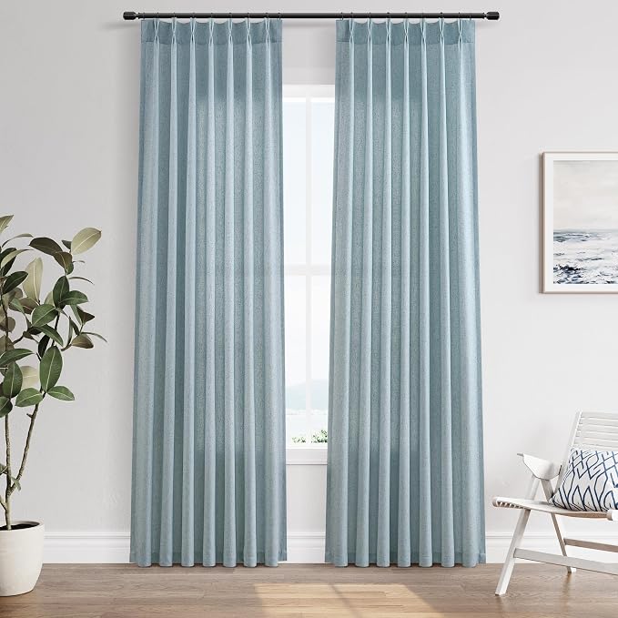 Light Blue Pinch Pleated Linen Curtains 84 Inches Long 2 Panels Set for Living Room Bedroom Modern Farmhouse Boho Semi Sheer Light Filtering Back Tab Draps with Hooks Rings 84 Inch Length for Nursery