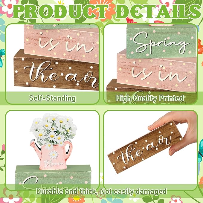 Yalikop 4 Pcs Spring Daisy Table Decorations Spring Tiered Tray Decor Daisy Wooden Block Sign Farmhouse Rustic Table Decor Centerpiece for Party Desk Home