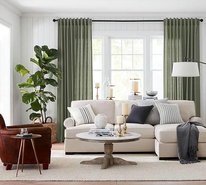 Jowels Olive Green Linen Curtains 94 Inch Long 2 Panels for Living Room | Loden Light Filtering Semi Sheer Curtain, Back Tab Pocket Pleated Look,Farmhouse Textured Privacy Drapes for Bedroom Window