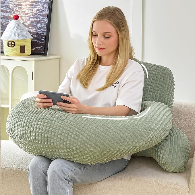 17" Reading Pillow for Bed,U Shaped Arm & Elbow Support,Green Flannel | Backrest Supports Back,U shaped Lap Pillow Cushions Arms,Elbows & Wrists,Soft Flannel for Reading,Gaming,Watching TV