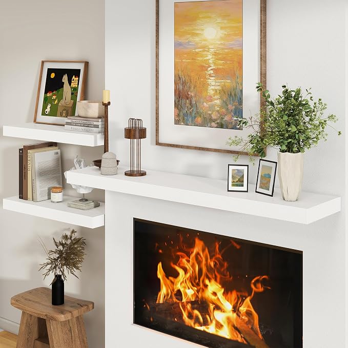 FLYJOE Deep Floating Shelves, 55 Inch White Shelves Set of 1 | 12 Inch Deep Shelves for Wall, 55'' x 12'' Rustic White Wood Shelves for Bathroom Living Room Laundry Room Kitchen