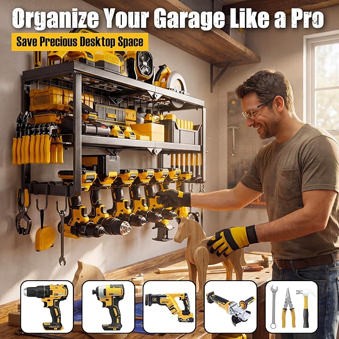 Heavy Duty Power Tool Organizer for Wall Mount Garage Storage – 320 lbs Capacity, 3-Tier Iron Wire Rack with 7 Drill Slots, Shelf for Battery Charging Station – Gift for Dad Handyman