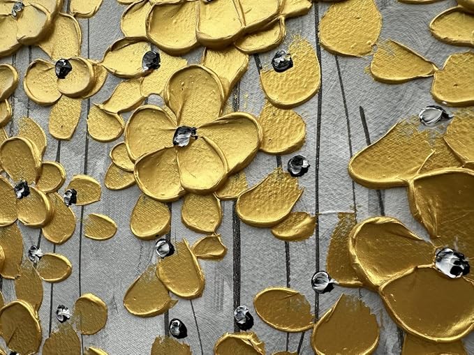 zoinart 3D Modern Oil Painting on Canvas Hand Painted Abstract Flower Paintings Gold Floral Artwork Texture Vertical Canvas Wall Art Contemporary Art