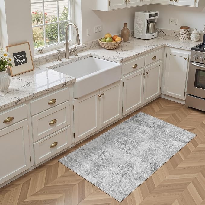 Tortania Area Rug Living Room Rugs - 3x5 Washable Soft Neutral Boho Moroccan Farmhouse Mat Indoor Floor Carpet for Bedroom Under Dining Table Home Office Decor - Ivory Grey