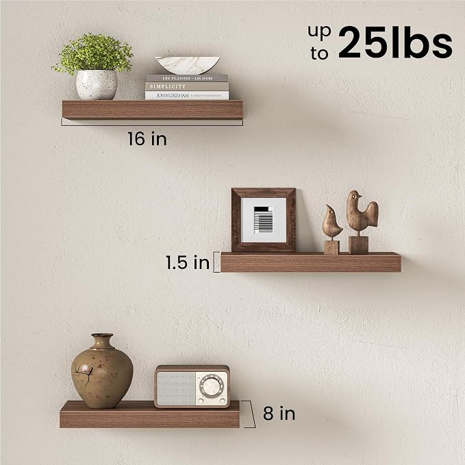 Fun Memories 16 Inch Floating Shelves for Wall, 8 Inch Deep Rustic Wood Wall Mounted Shelves with Invisible Brackets for Bathroom, Bedroom, Kitchen & Living Room Storage Decor, Walnut, 2 Pack