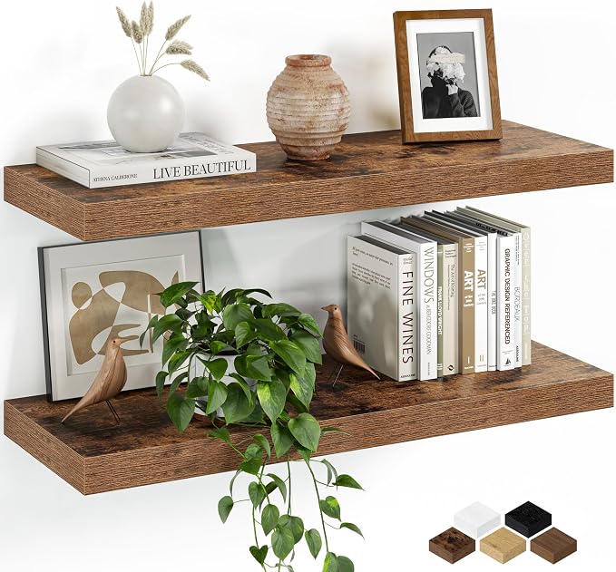 Fun Memories Floating Shelves for Wall, 24 Inch Set of 2 Rustic Wood Wall Shelves with Invisible Brackets, Heavy Duty Storage Display for Living Room Bedroom Kitchen, Brown