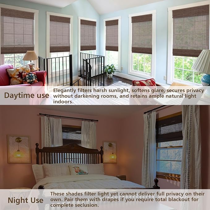 Sunbox Cordless Bamboo Roman Shade Blind, Woven Wood Roman Shades, Light Filtering Natural Bamboo Shades for Windows, French Doors, 22.5" W x 48" H, Sarasota-Cocoa