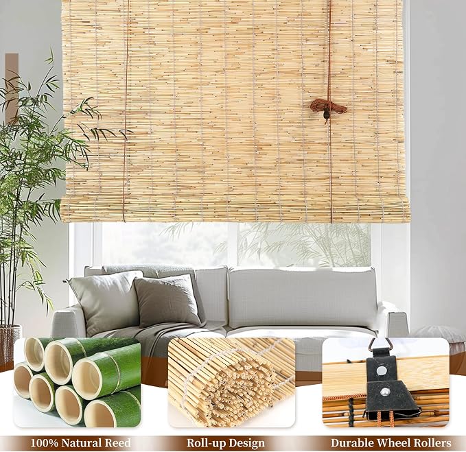 Reed Roller Blinds Shades, Vertical Lifting and Breathable Waterproof Design, Sun Shade and Ventilation, Easy Installation,30" Wx64 H