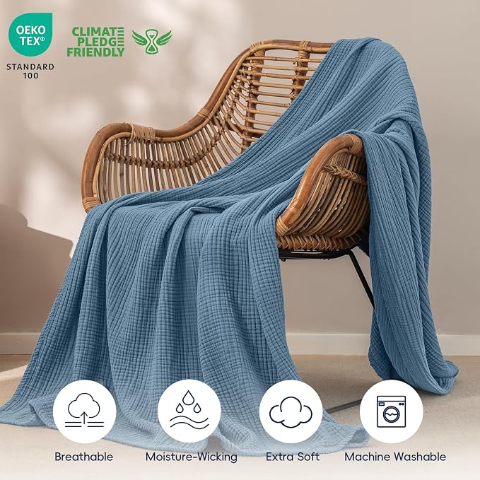 PHF 100% Cotton Muslin Throw XL Blanket Large 50" x 70", 4-Layer Lightweight Gauze Throw, Breathable Cloud-Soft Minimalist Blanket for Bed, Couch, Camping & Baby, Denim Blue, Ideal Gift