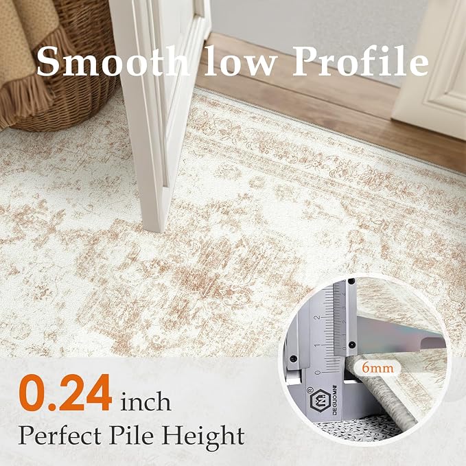 PureCozy Area Rug 10x12 Cream Washable Living Room Beige Carpet Non Slip Vintage Medallion Indoor Bedroom Beige Carpet Low Pile Soft Retro Distressed Large Rug Home Office Dining Room Playroom