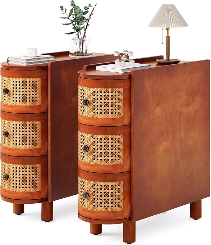 LITTLE TREE Solid Wood End Table Set of 2, Rattan Narrow Side Table with 3 Drawers, No Assembly Required, Nightstand Bedside Tables for Living Room, Bedroom, Office, Bathroom, Brown