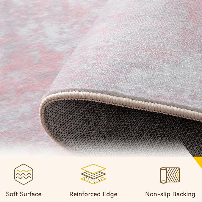 RELEANY Washable Area Rugs Square 7ft Non-Slip Modern Abstract Soft for Living Room Entryway Bedroom Nursery, Print Pattern, Grey Pink