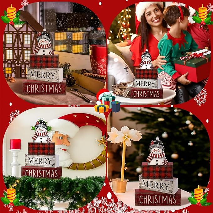Lineshading 4 Pcs Winter Table Decoration Wooden Snowman Christmas Tiered Tray Decor Red Buffalo Plaid Block Signs Snowman Table Centerpiece Farmhouse Winter Decoration for Home Kitchen Shelf