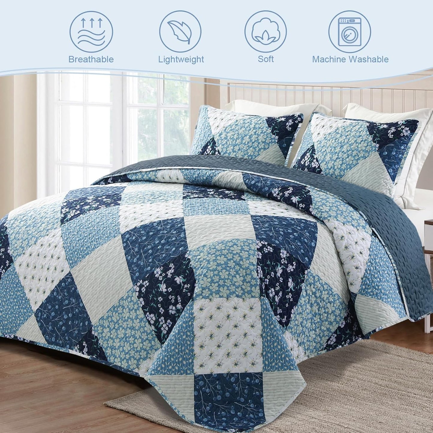 Exclusivo Mezcla Reversible Boho Quilt Set Twin Size, 2 Pieces Patchwork Blue All Season Bedspreads, Ultra Soft Floral Coverlet Bedding Set with Printed Pattern (1 Quilt, 1 Pillow Sham)