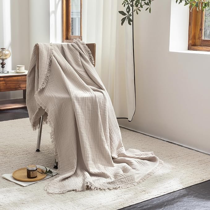 FOSSA Muslin Blanket 4-Layer 100% Cotton Gauze Blanket with Fringe 104"x90" | Super Soft Breathable Lightweight All Season & Decorative Blanket or Bed, Sofa, Office (Beige Gray, King)