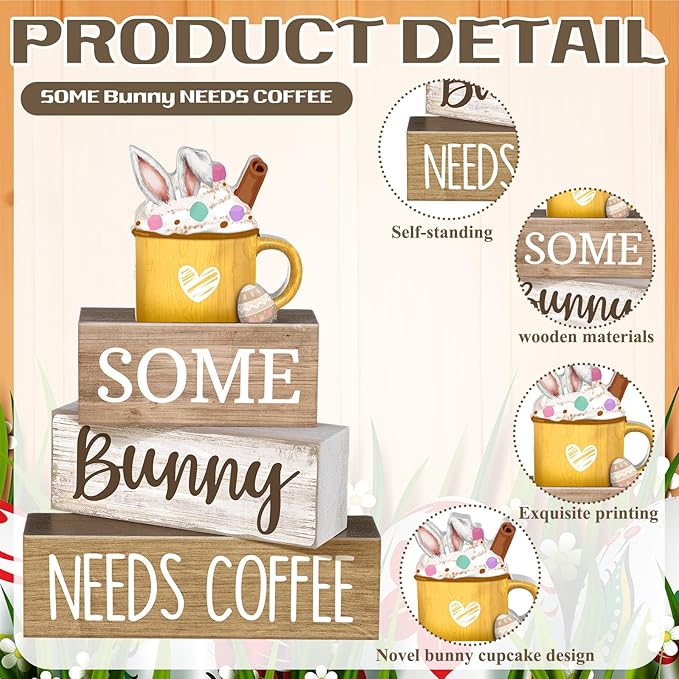Moucuny 4 Pcs Easter Table Decorations Wooden Coffee Bunny Tiered Tray Decor Happy Easter Centerpiece for Tables Decorative Rabbit Block Signs Gifts Farmhouse Rabbit Decor for Home Kitchen Shelf