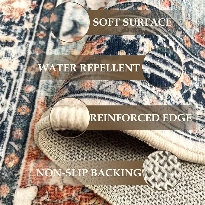 RELEANY Area Rugs 2'x8' Runner Rug Non Slip Washable for Kitchen Hallway Bedroom Beside Laundry Room Bathroom Rug, Floor Carpet, Beige Navy Blue Orange Colorful