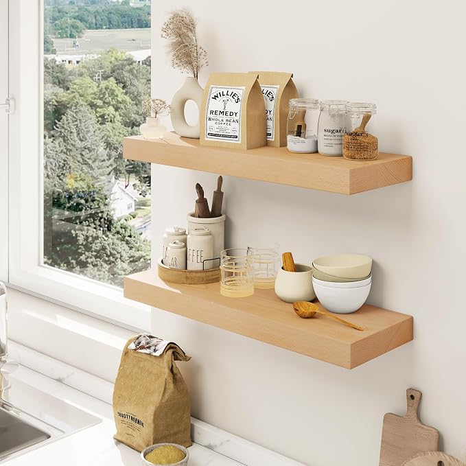 Floating Shelves for Wall, USA-Sourced Beech Wood 16 Inch Wall Shelves Set of 2, Natural Wooden Mounted Picture Ledge Shelf, Nursery Book Storage Shelf Kids Bookshelf Display, Shelf for Bathroom