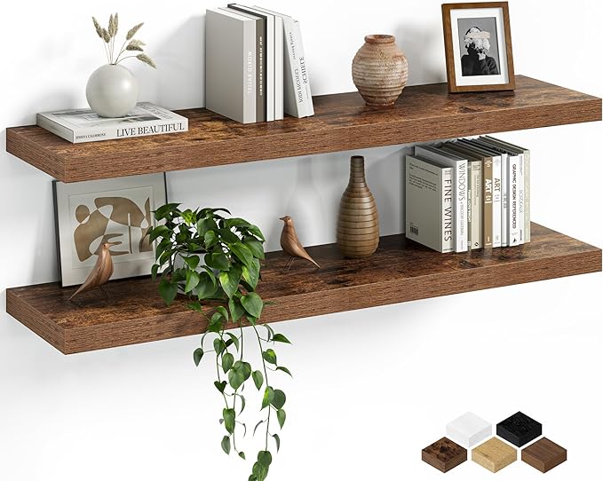 Fun Memories Floating Shelves for Wall, 36 Inch Long Set of 2 Rustic Wood Wall Shelves with Invisible Brackets, Heavy Duty Storage Display for Living Room Bedroom Kitchen, Brown