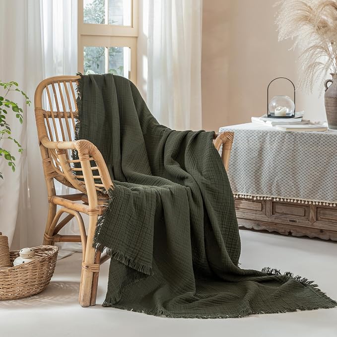 Muslin Fringe Blankets for Adults: 100% Cotton Cloud Soft | 4-Layer Gauze Breathable Lightweight All Season Throw Blanket for Bed Couch Sofa Office