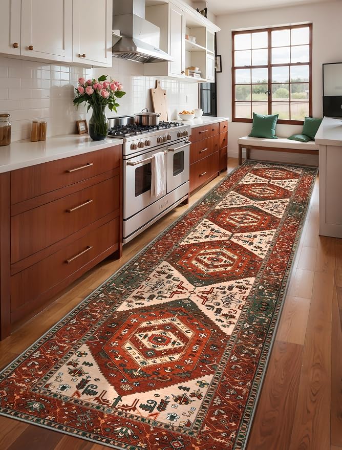 SERISSA Runner Rug for Hallways, 2'6"x14' Washable Non Slip Runner Rug, Extra Long Boho Rug Ultra Soft Vintage Terracotta Green Print Floor Carpet for Bedroom Hallway Entryway Laundry Room