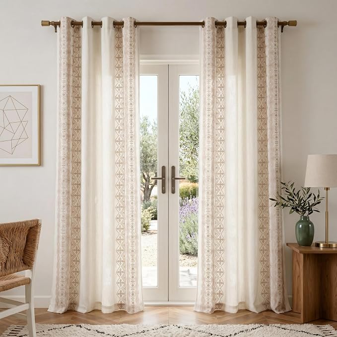 NICETOWN 102" Long Thick Cream Linen Curtains Light Sand Floral Pattern - Elegant Drapes for French Sliding Door, Farmhouse Style Privacy Enhancing Floor to Ceiling Window Treatments, 52 x 102, 2 Pcs