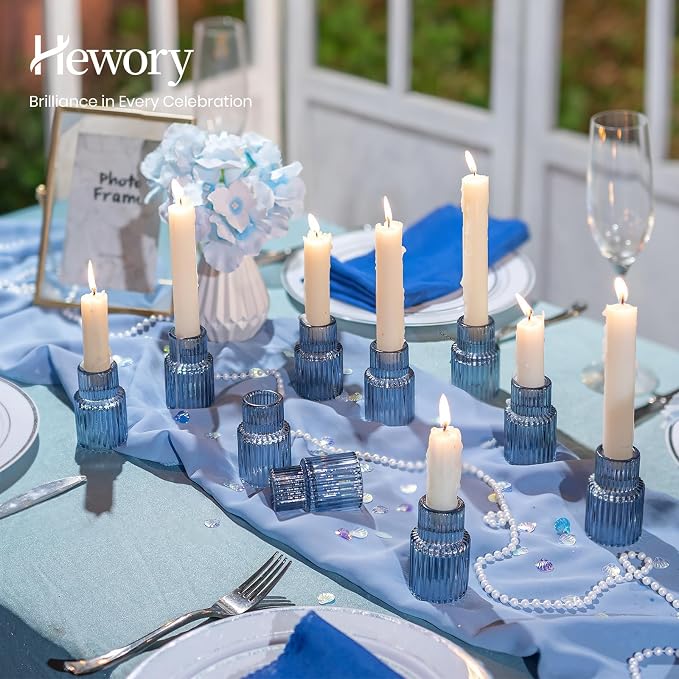 Hewory Glass Candlestick Candle Holder: 20PCS Blue Glass Taper Candle Holders for Table Centerpiece, Vintage Tapered Candlestick Holders for Christmas Centerpiece Wedding Party Holiday Home Decor