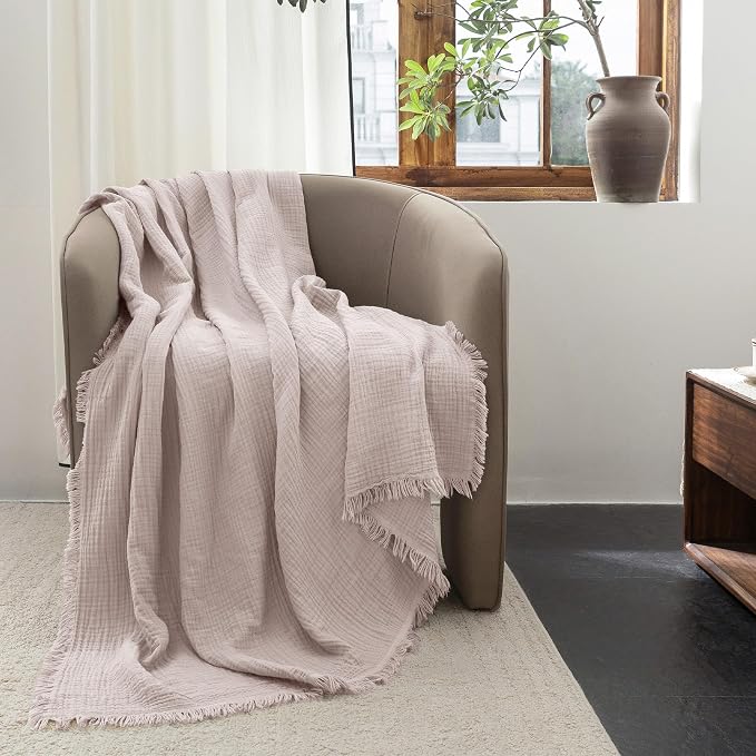 FOSSA Muslin Blanket 4-Layer 100% Cotton Gauze Blanket with Fringe 90"x90" | Super Soft Breathable Lightweight All Season & Decorative Blanket or Bed, Sofa, Office (Greyish Pink,Queen)