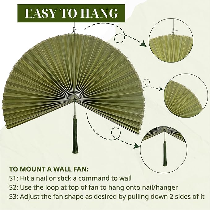 ChumDecor Fan Wall Decor, Japanese Giant Fan, Large Bamboo Fan Wall Art For Boho Hanging Headboard, Decorative Folding Fans For Over Bed, Asia Trending (Army Green 31inch)