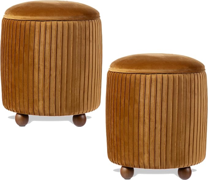 Glitzhome Round Ottoman with Storage Set of 2 Vanity Stool Foot Rest with Removable Lid Modern Upholstered Velvet Storage Ottoman Stool for Living Room and Dorm, Brown