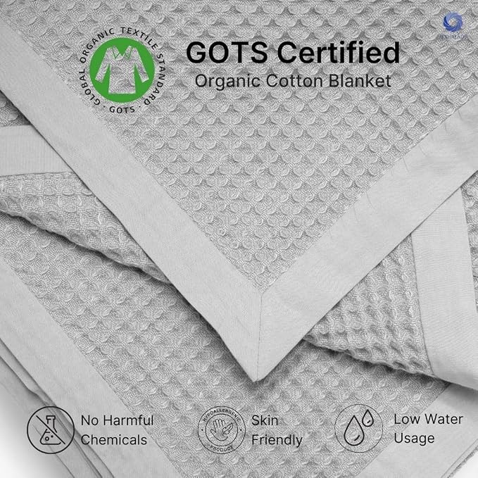 GOTS Certified Organic Cotton Waffle Weave Blanket, Queen Bed Size, 90"X90"Cozy Throw Blanket for Couch, Modern Home Decor, Throw Blankets,Waffle Blanket, Soft Bed Blankets -Scottish Grey