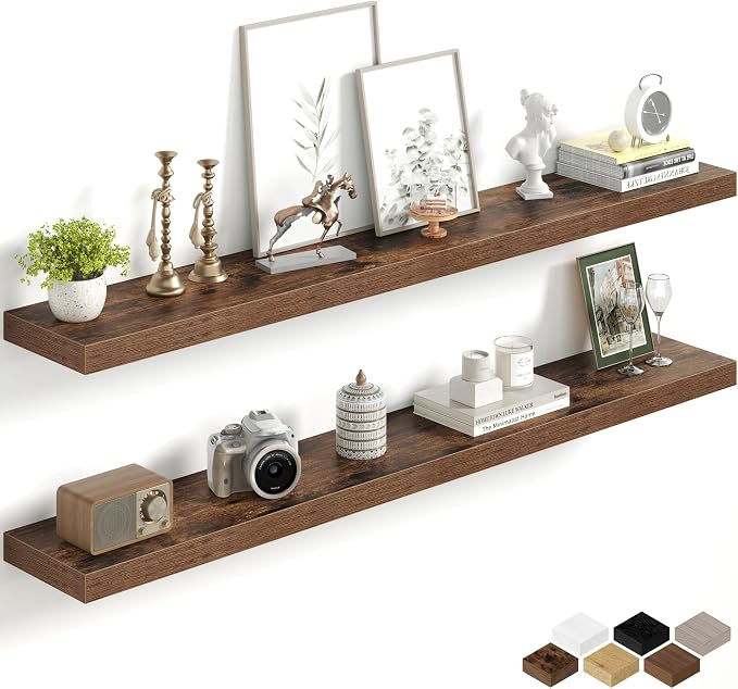 Fun Memories 55Inch Long Floating Shelves, 8 Inch Deep Shelves for Bedroom|Living Room, Wall Mounted Wood Hanging Shelf with Invisible Brackets for Fireplace Mantel Home Storage Decor, Brown - 2 Pack