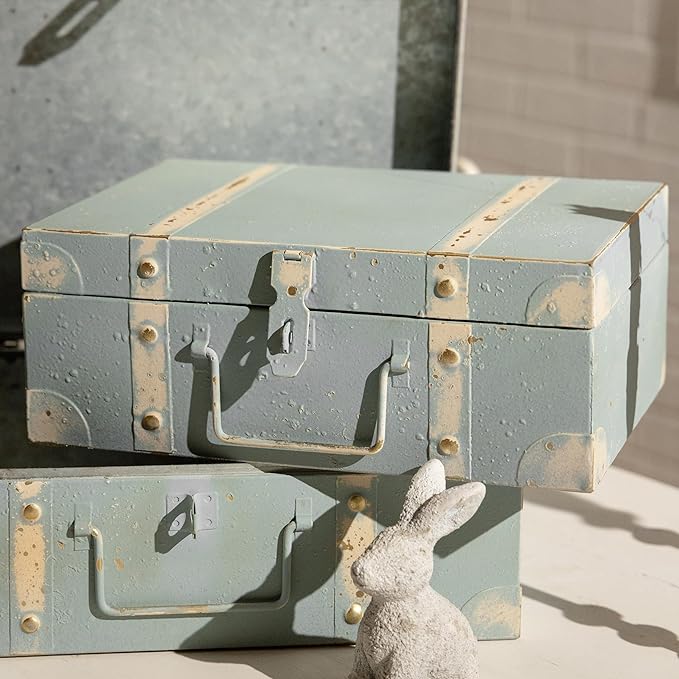 Vintage Metal Storage Trunks - Set of 2, Antique Decorative Storage Chests with Lids, Decorative Suitcase Boxes, Vintage Suitcases for Keepsakes and Home Decor, Blue