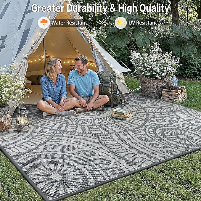 HUGEAR 9x12 Outdoor Boho Rug Grey Patio Waterproof Rug Home Decor Reversible Plastic Straw Rugs Outside Indoor Floor Mat for Camping Balcony RV Deck Porch Pool Backyard