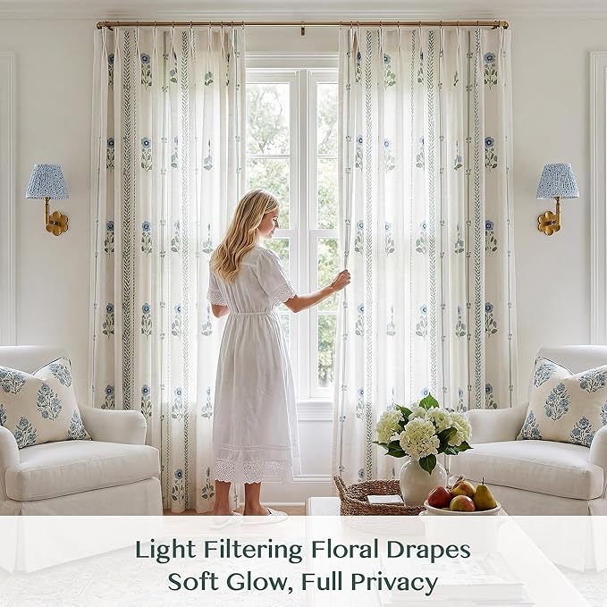 THREE GIRLS Pinch Pleated Curtains for Living Room Bedroom Dining Room - 120 Inches Light Filtering Floral Curtains Luxury Linen Drapes Farmhouse Window Curtains with Hooks - 2 Panels Set