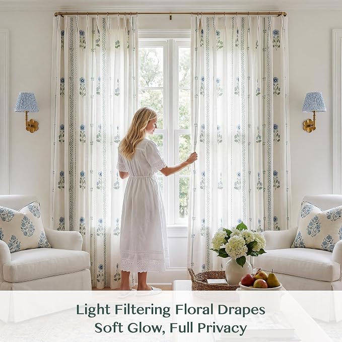 THREE GIRLS Luxury Light Filtering Floral Curtains: Pinch Pleated Long Curtains for Living Room Bedroom Dining Room - 108 Inches Linen Drapes Farmhouse Window Curtains with Hooks - 2 Panels Set