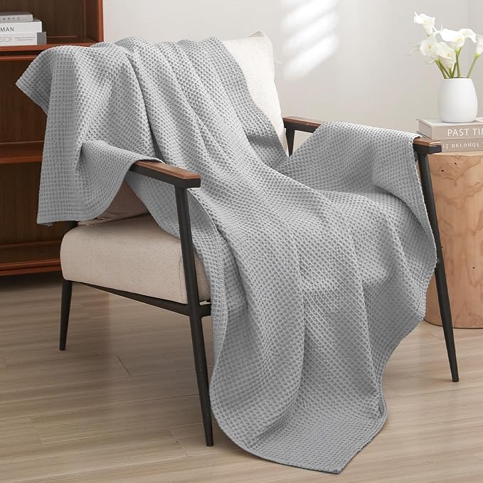 PHF Pre-Washed 100% Cotton Waffle Weave Throw Blanket for Couch, Lightweight Breathable Bed Blanket for Spring Summer, Snag Proof Machine Washable, Home Decor Gift - Light Grey