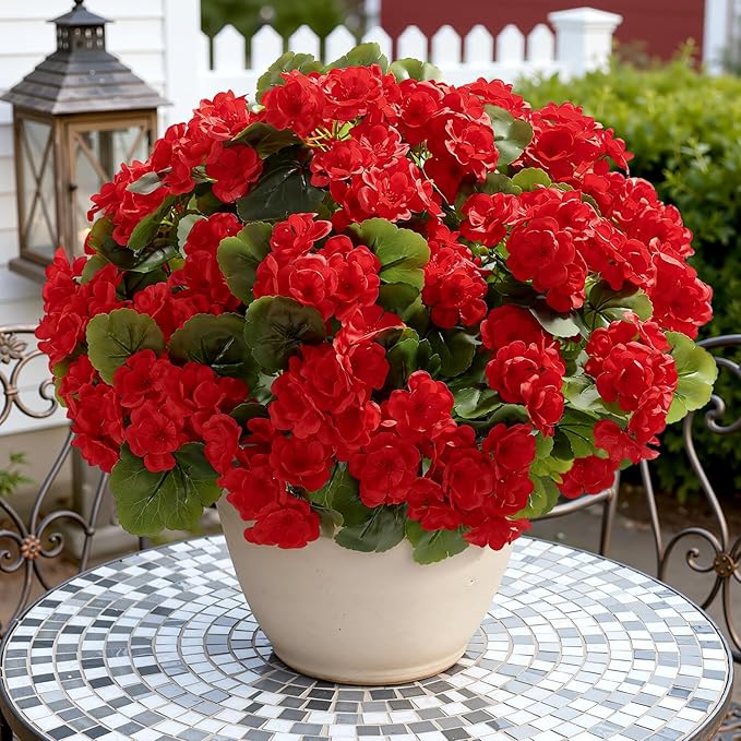 Alupssuc 24Pcs Artificial Geranium Flowers for Outdoors Decoration Silk Floral, UV Resistant Fake Plants, Faux Flower for Porch Garden Table Centerpieces Home Indoor Outside Spring Decor(24, Red)